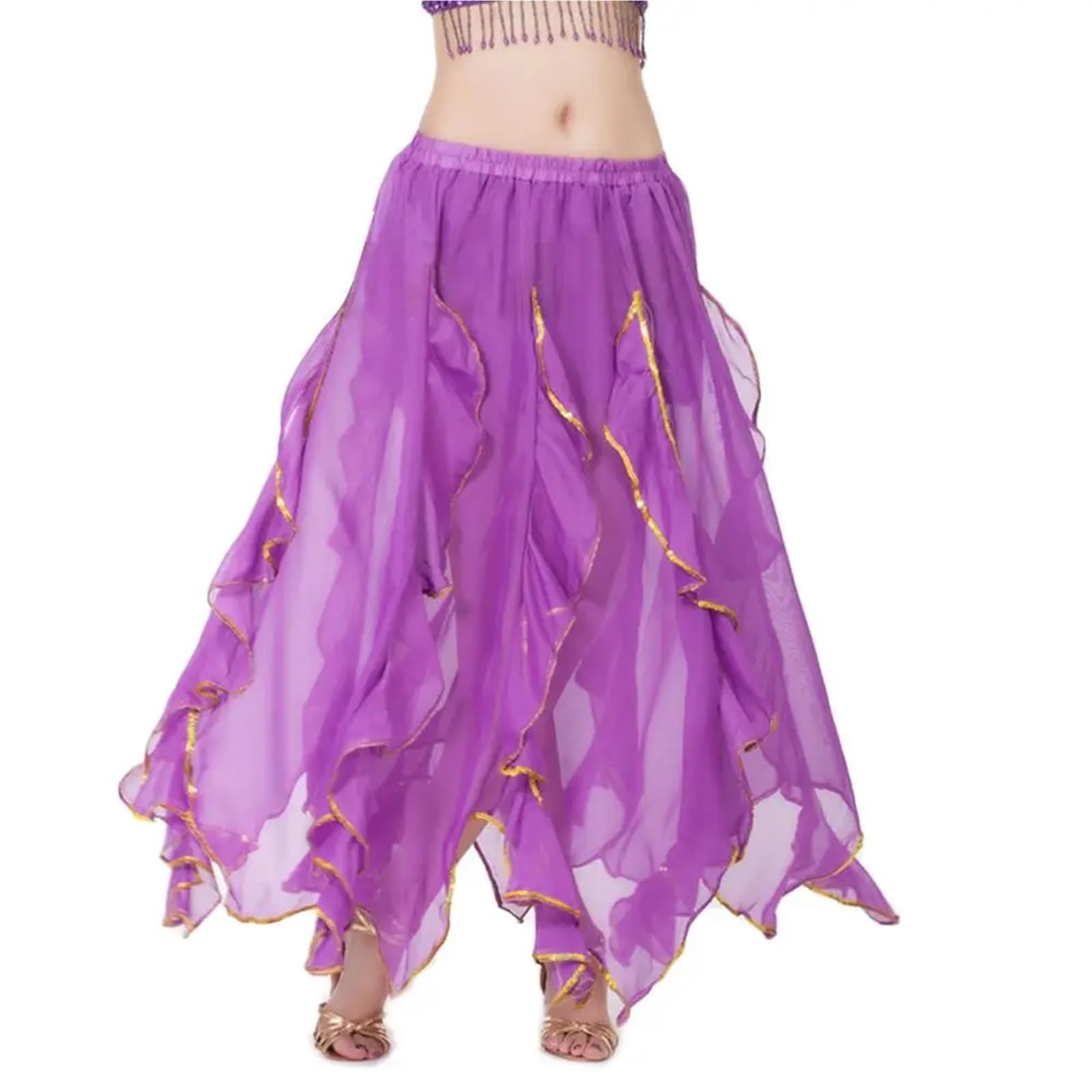 TRRYUIP Belly Dance Skirt Sparkling Belly Women Chiffon Shiny Tassels Long Dancing Skirt Show Costumes(Purple)