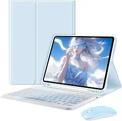 Capa Tablet + Teclado Removível + Mouse Para Samsung S6 Lite 10.4 Polegadas P613/P619/P610/P615 (branco gelo azul, teclado retroiluminado)