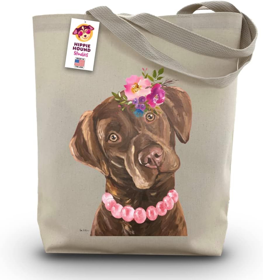 Chocolate Lab Tote Bag - Gifts For Mom - Flower Crown Chocolate Lab Lover Gift - Gifts For Women -Handmade Totes - Hippie Hound Studios Canvas Totes -Reusable Shopping Bag - Grocery Bag - Beach Bag