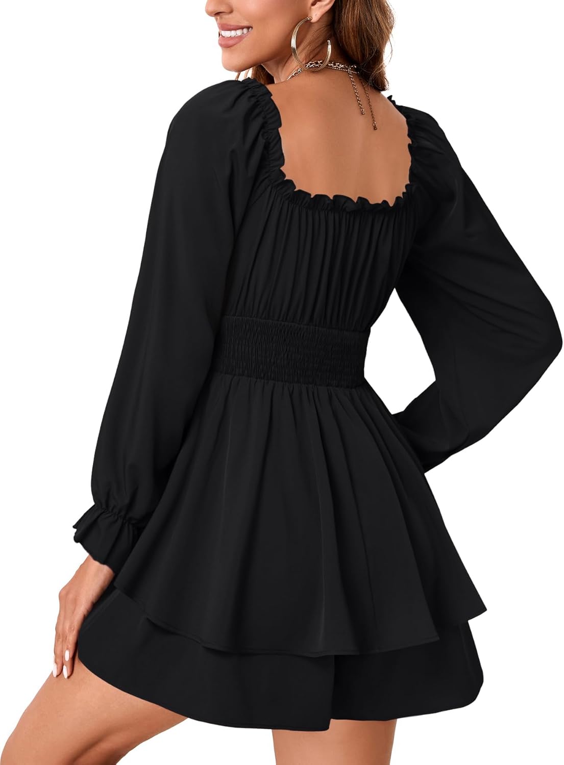 LYANER Women's Flounce Long Sleeve Square Neck Ruffle Layer Shirred Mini Short Romper Jumpsuit - Image 5