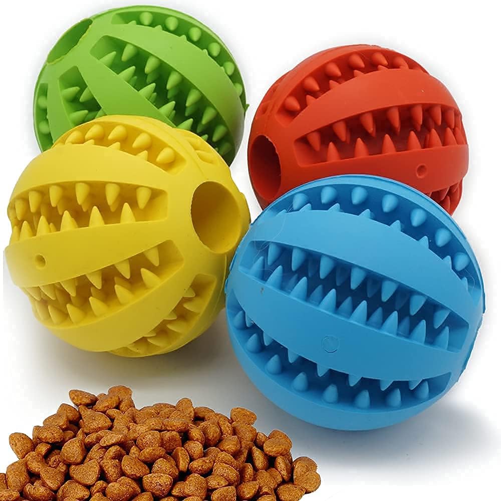 Pet Supplies : Dog Toy Ball for Aggressive chewers Set of 4 - Dental Rubber Ball - Interactive Slow Feed Pack 4pcs 2.3 Inch - Durable Chewing Toys for Medium Large Dogs Breeds, Natural Clean Teeth Brush : 