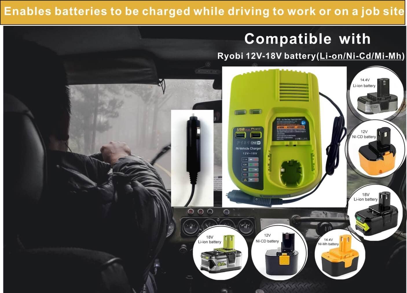 Replace of Ryobi P131 Car batterycharger,Vehicle Charger for Ryobi 12V 14.4V 18V Battery P102, P107, P103, P104, P105, P106, P108, P109