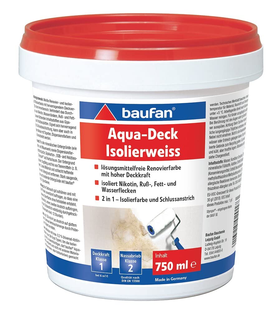 Baufan Renovierfarbe Aqua-Deck Weiß 750 ml – lösungsmittelfrei, hohe Deckkraft, Innenanwendung, 2-in-1 Isolierfarbe und Schlussanstrich, Glanzgrad stumpfmatt