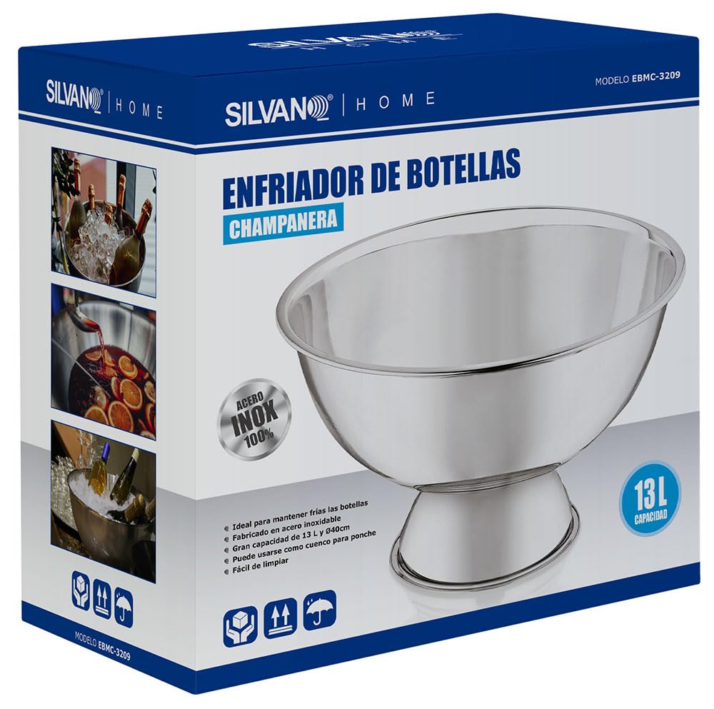 Cubo Enfriador Botellas y Refrescos, Capacidad 13 Litros, Cubo Hielos Acero Inoxidable, Recipiente Ovalado para Ponche, Enfriador Portátil para Vino y Champagne