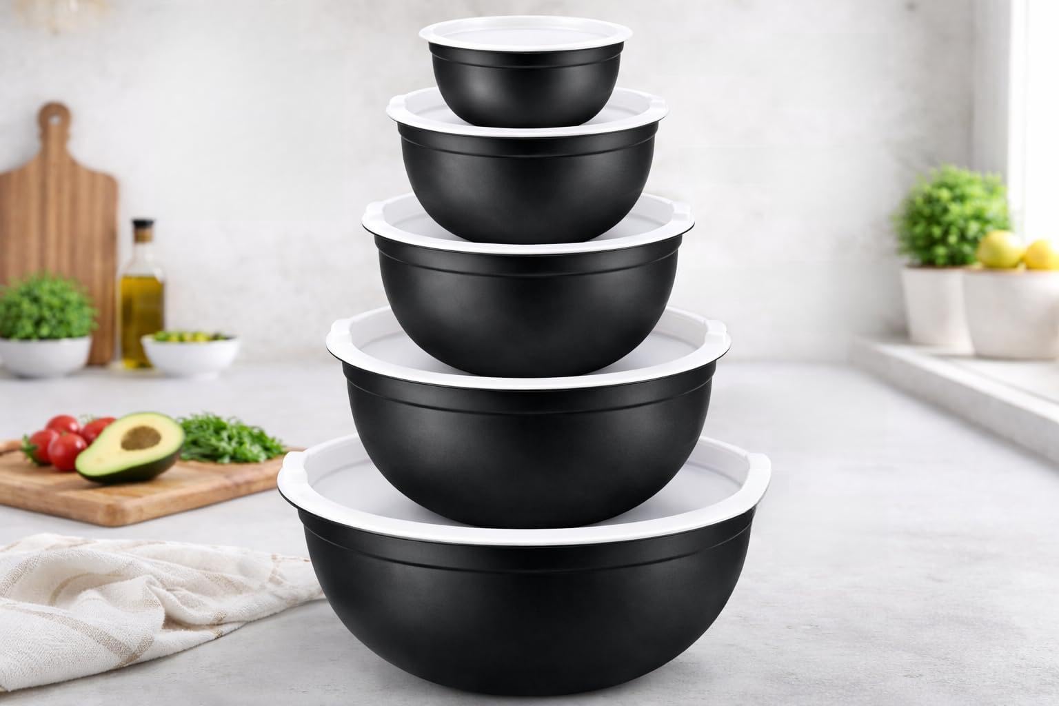 KWARE Stainless Steel Mixing Bowls Set of 5 with Lid Stainless Steel Mixing Bowl Set - Easy to Clean, Nesting Bowls for Space Saving Storage, Great for Cooking, Baking, Prepping (Black)