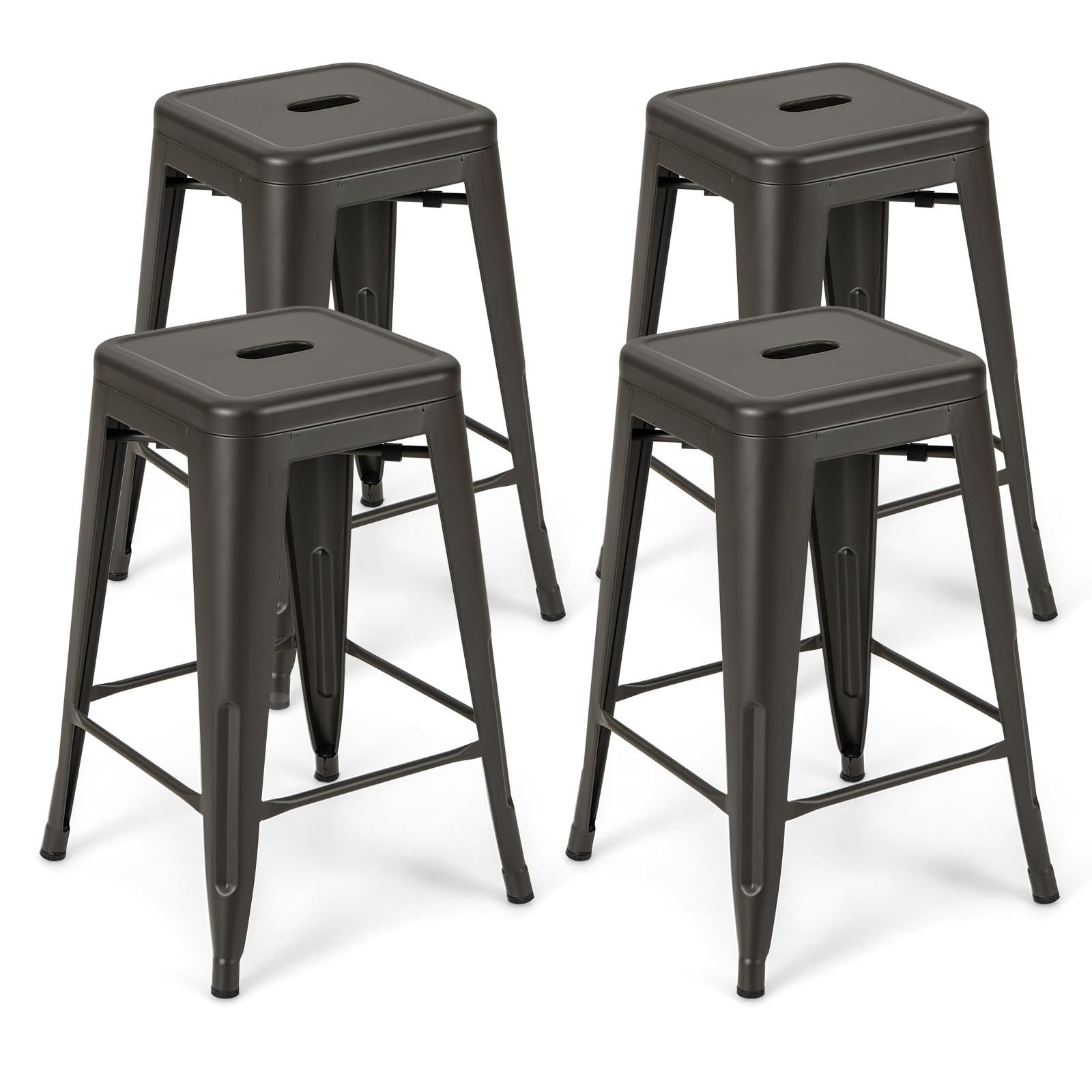 COSTWAY 24 Inches Metal Bar Stools Set of 4, Counter Height Metal Barstools, Backless Stackable Kitchen Stools w/Footrests, Indoor Outdoor Stacking Stools Breakfast Chairs for Cafe Bar (Gun)