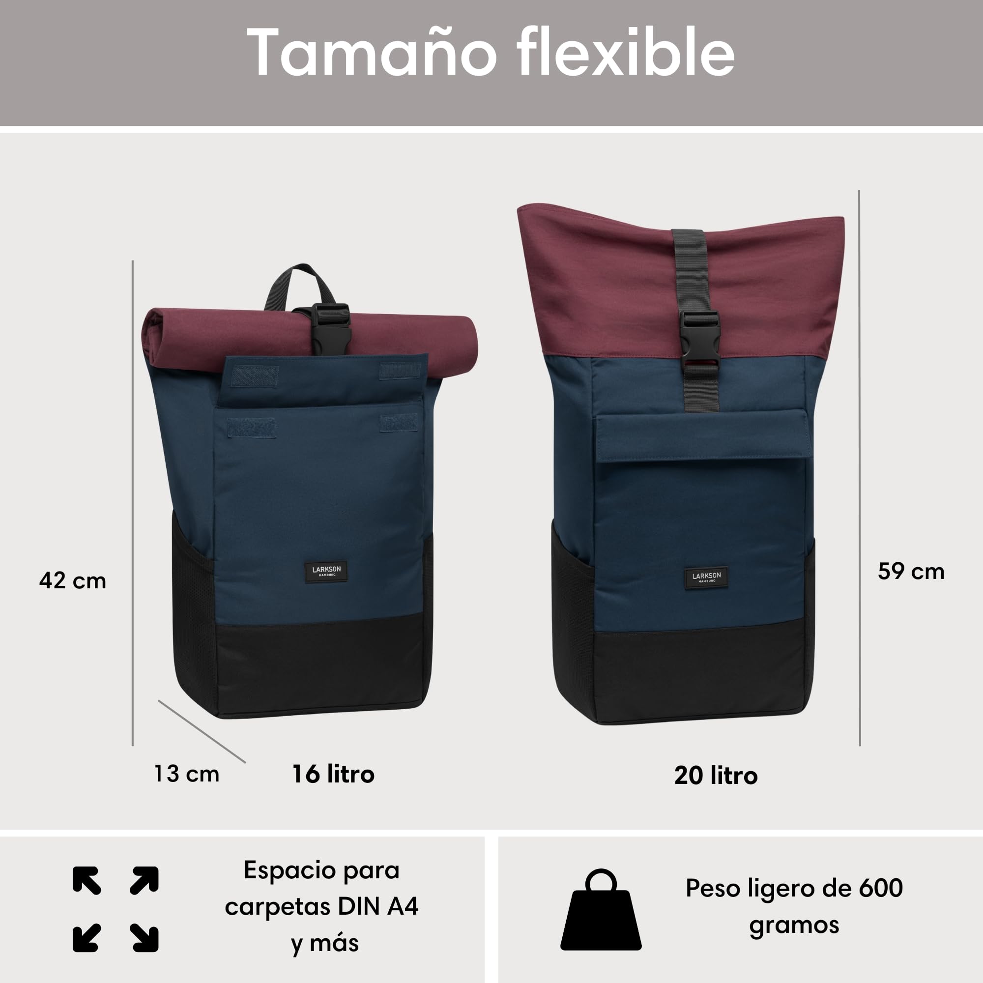 LARKSON Mochila Enrollable Hombre & Mujer - No 4 - Macuto para Viaje, Uni, Trabajo - de Botellas Pet Recicladas - Bolso para Portátil - Impermeable