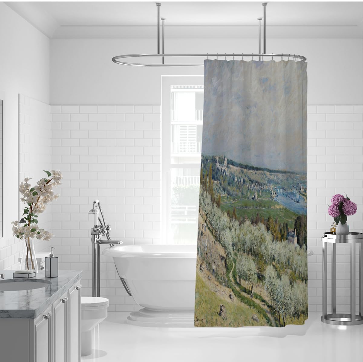 Set di Tende per doccia paesaggistica impressionista 200x200cm | Set di decorazioni per bagno in poliestere Rustic Spring Country Aesthetic Art