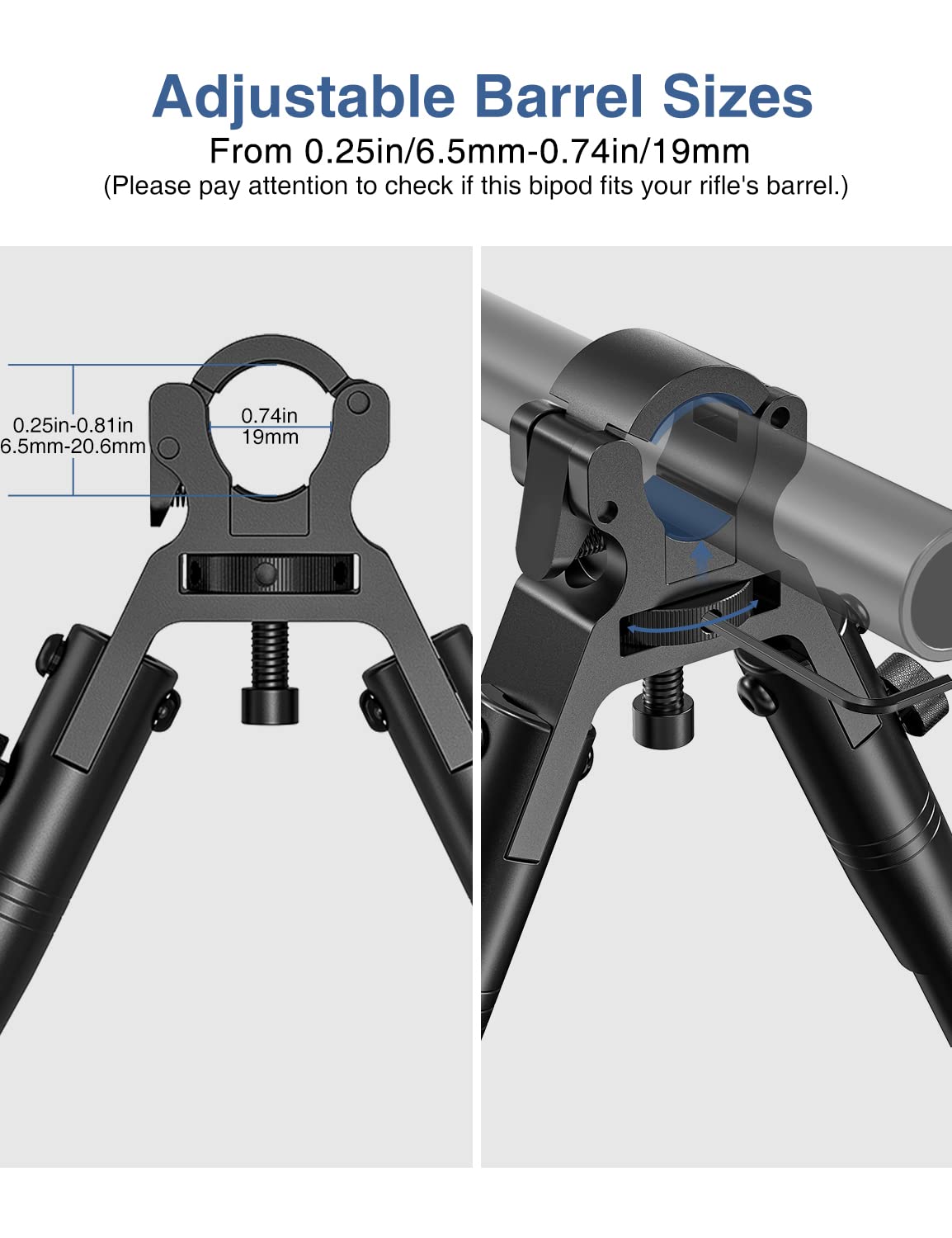 EZshoot Clamp-on Bipod, Bipod for Rifle Quick Release Design Barrel Size: 0.43 to 0.75 Inch (6-7'')
