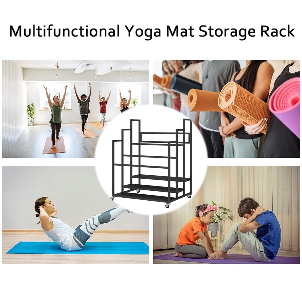 Soporte para Esterilla de Yoga, Estante de Almacenamiento de 3 Niveles con Ruedas, Organizador de Gimnasio para Equipo de Ejercicio, Soporte para esterillas de Yoga, Rodillos de Espuma y blo