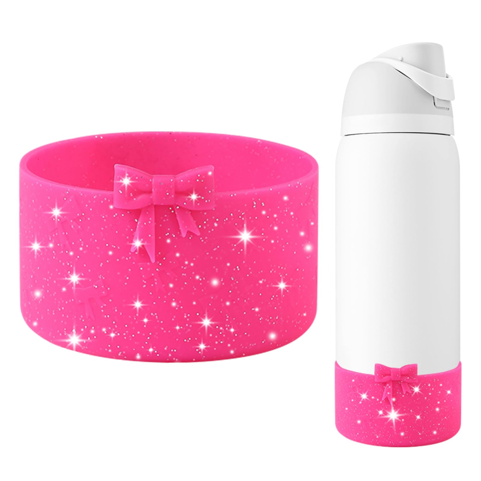 GAISHION Glitter Silicone Bow Boot Compatible with Owala 32 oz Water Bottles,Protective Sleeve Anti-Slip Bottom Bumper for FreeSip, Twist, and Flip Stainless Steel Water Bottles Accessories-Rose