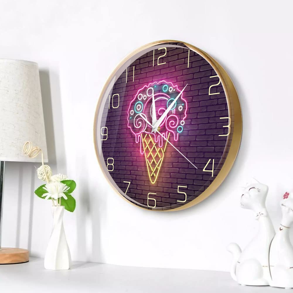 Orologio da parete silenzioso con cornice in legno gelato stampato lucido motivo neon moderno rotondo grande orologio da parete in legno a batteria senza ticchettio facile da leggere per