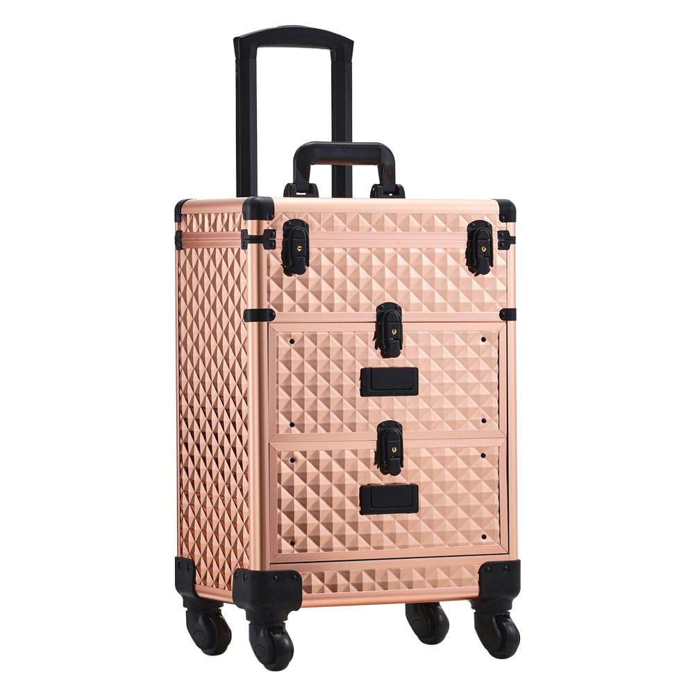 Beauty Trolley Professional Makeup Case with 2 Drawers, Lockable Vanity Case Hairdressing Trolley, Nail Polish Storage, Rose Gold