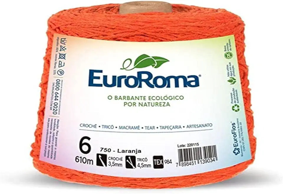 Barbante Colorido, Euroroma, 600 g, Laranja, 4/6 Fios, Rolo de 610 Metros