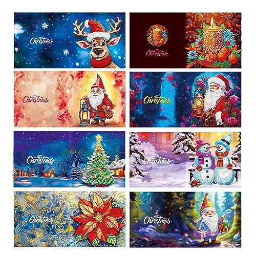 Paquete de 8 tarjetas de Navidad de arte de pintura de diamantes 5D, kits de tarjetas de felicitación hechas a mano para cumpleaños, agradecimiento, bordado, postal, trabajo a mano, decoración de