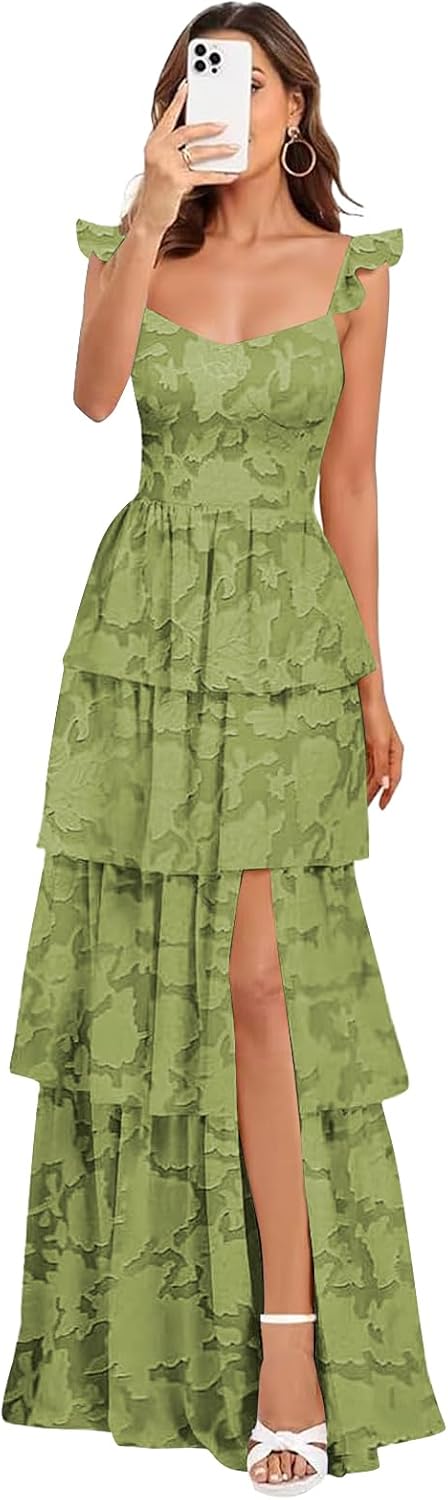 Floral Chiffon Bridesmaid Dresses for Women Long Tiered Ruffles Formal Evening Dresses with Slit