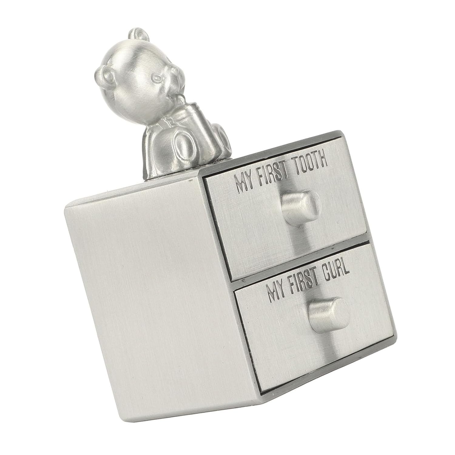 Baby First Tooth Keepsake Box, Drawer Type Silver Zinc Alloy Memory Box with Cartoon Bear Decor, Engraved My First Tooth and My First Curl Compartments for Baby Boy Girl