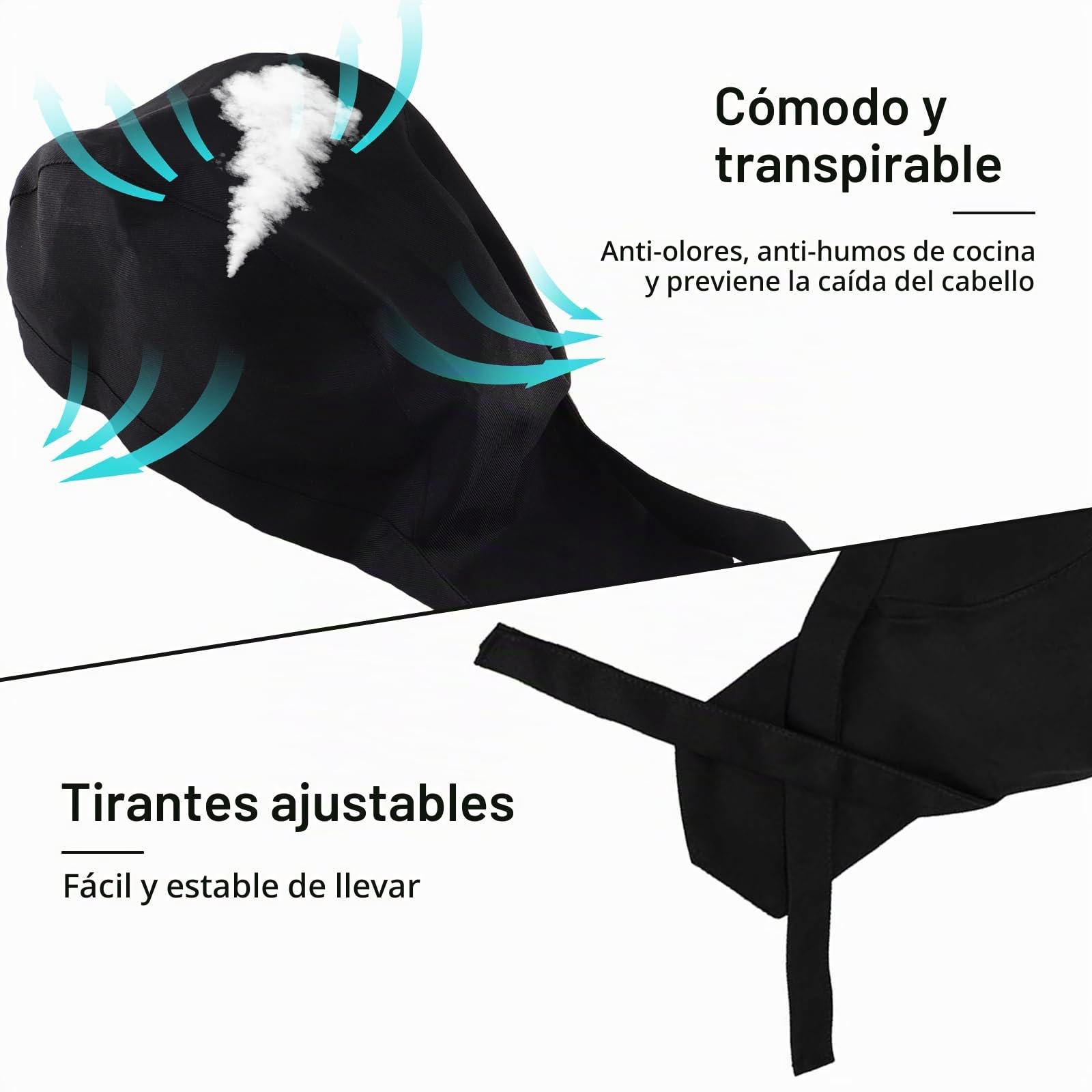 6 gorros de cocinero para hombre y mujer, unisex, ajustables y transpirables, negros, para restaurantes, hoteles, escuelas, cocinas domésticas, bares, Negro , 62