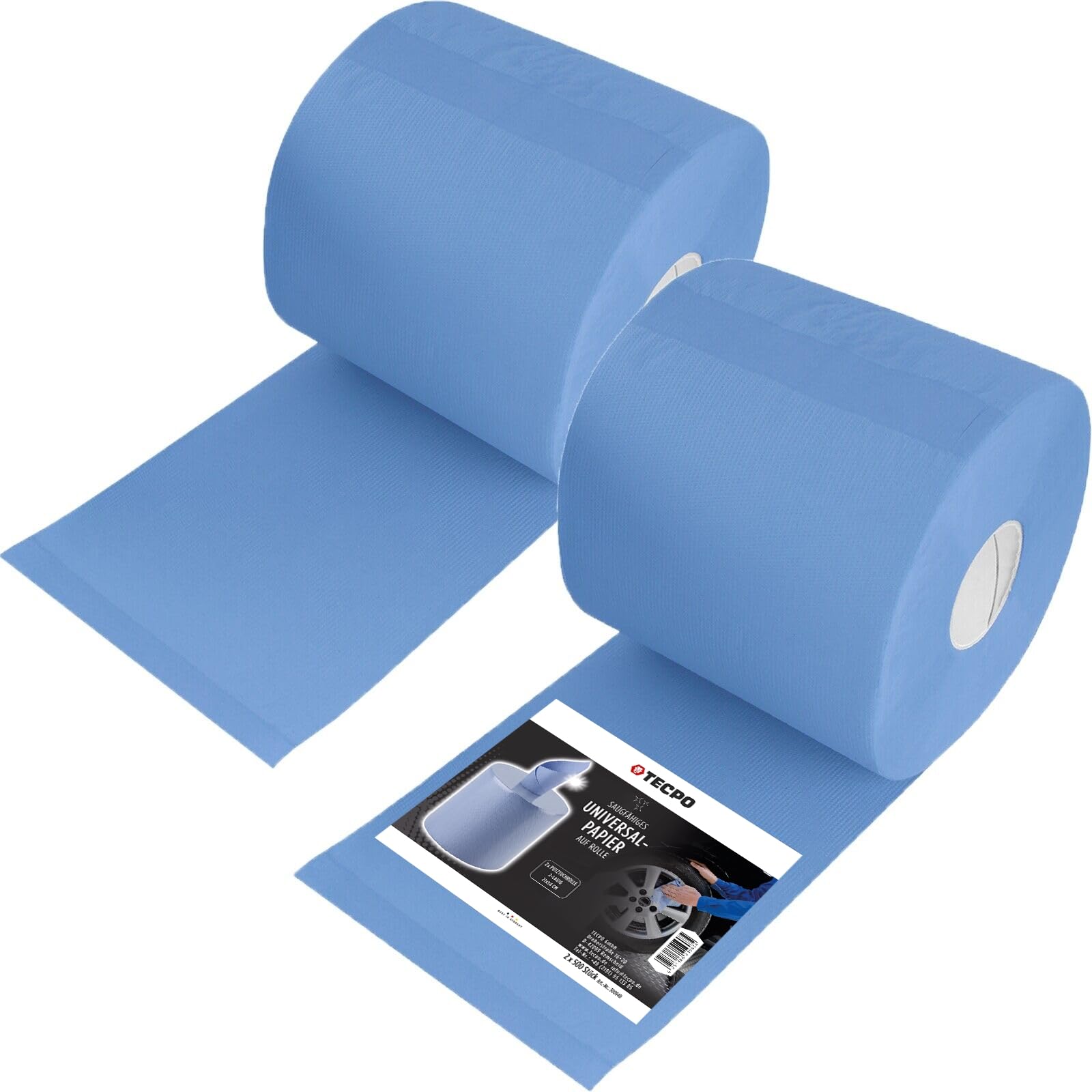 TECPO Putztuchrolle Blau 2x 500 Blatt gesamt 1000, 2-lagig, perforiert, saugstark, Putzrolle Papierrolle Reinigungstücher Wischtücher Putzpapier für Gewerbe