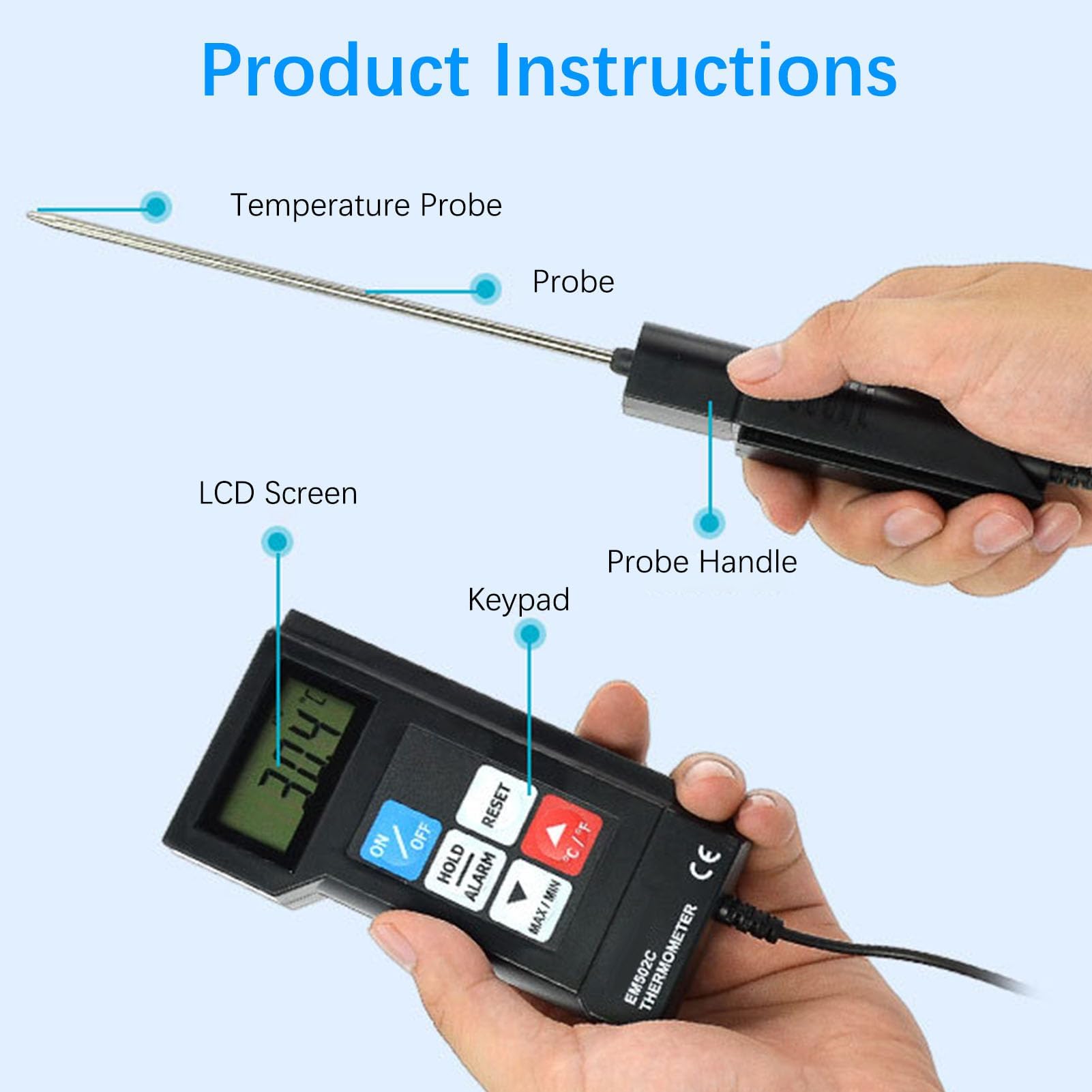 Professionelles Digitales Thermometer mit Fühler Hochpräzises Elektronisches Thermometer Wassertemperatur, EM502C für Lebensmittel Industrie