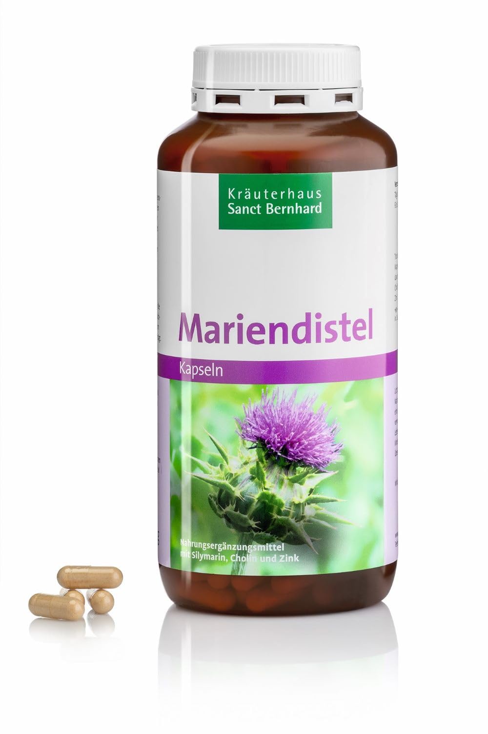 Sanct Bernhard Mariendistel-Kapseln mit 200 mg Mariendistel-Trockenextrakt, mit Silymarin, Cholin und Zink - 360 Kapseln für 12 Monate