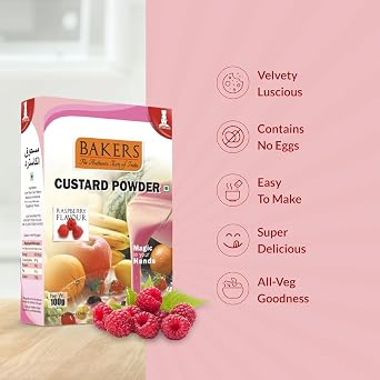 Bakers Raspberry Flavoured Custard Powder, Tasty and Juicy Contains No Eggs Easy to Make - 100g (Pack Of 1)