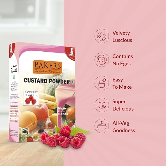 Bakers Raspberry Flavoured Custard Powder, Tasty and Juicy Contains No Eggs Easy to Make - 100g (Pack Of 1)