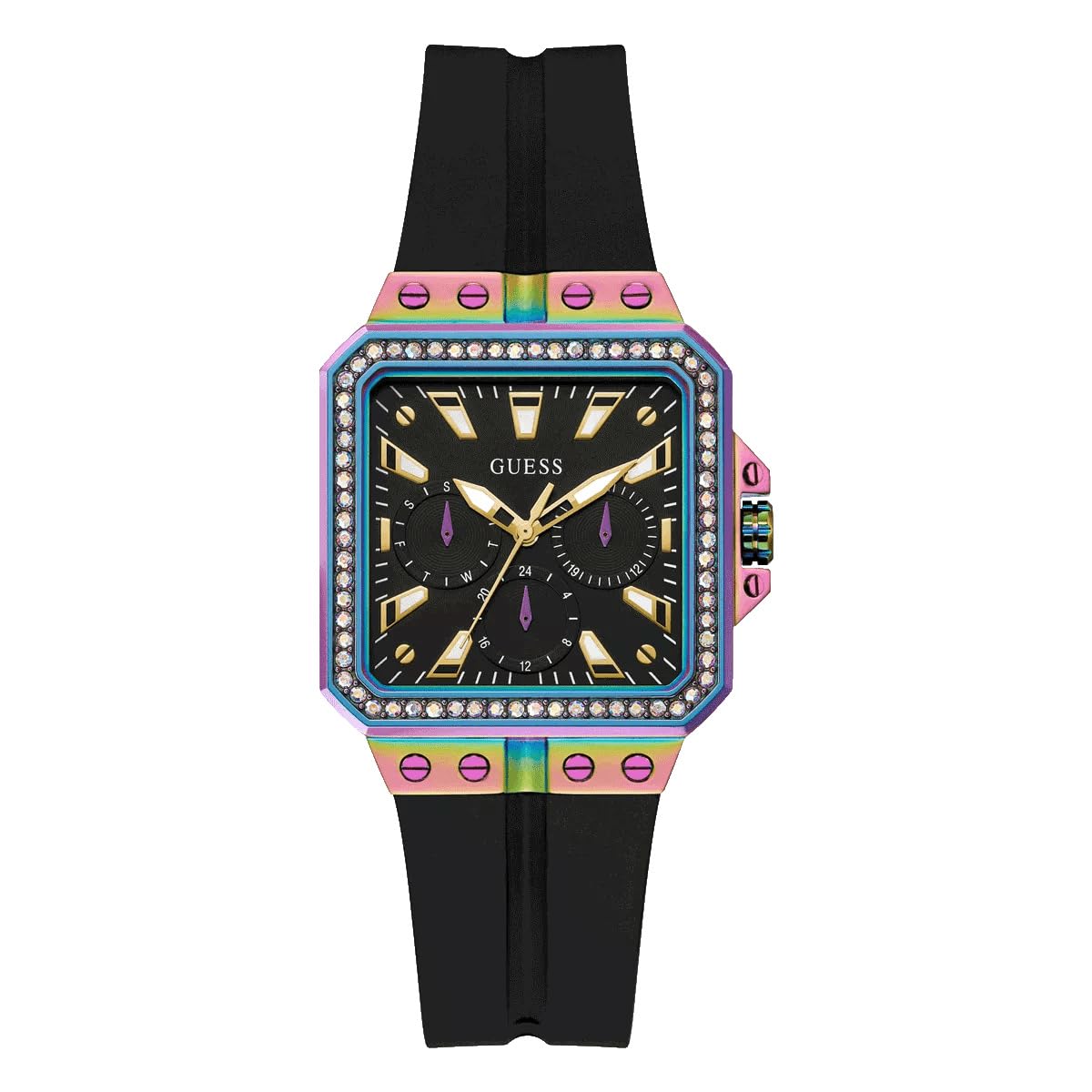GUESS Silicone Women 34Mm Analog Watch - Black Strap Black Dial Iridescent Case, Black, Classic, Black Band (B0CCPGWLRB) Amazon Price History, Amazon Price Tracker
