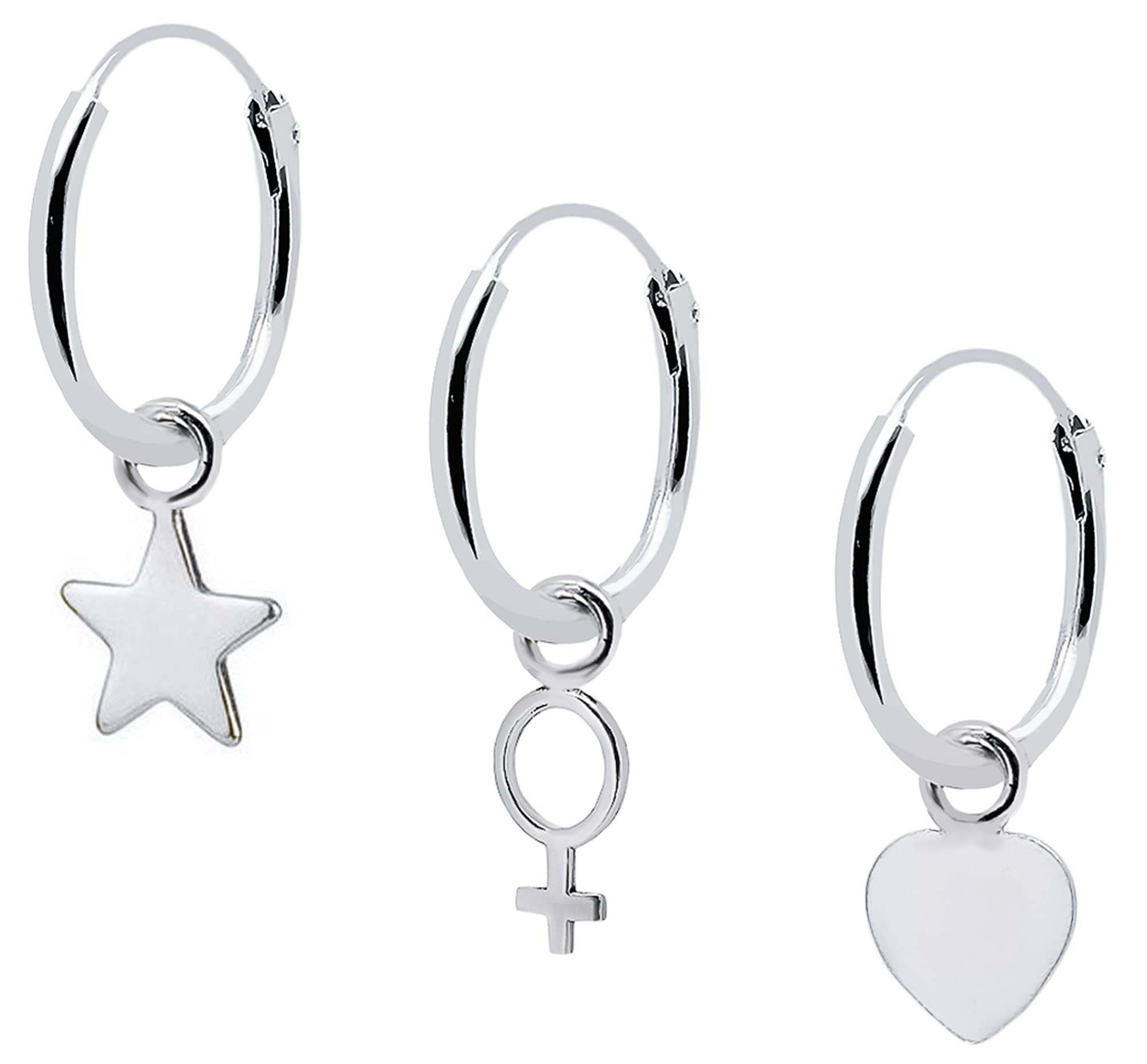 ENTREPLATA Pendientes Plata De Ley 925 Trio De Criollas Unisex Set De Aros de Plata Con Tres Colgantes Forma De Corazón Estrella y Simbolo Femenino Mujer Feminista Venus