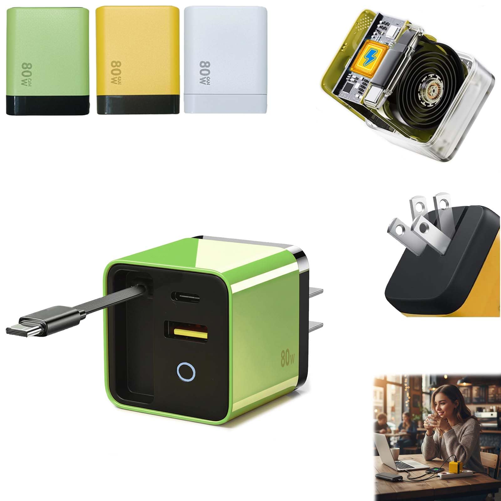 3 in 1 80w max Retractable USB-C Fast Charging Wall Charger with Built-in Cable — Compact Travel-Ready Design, Easy to Carry, Ideal for Hotel Stay,