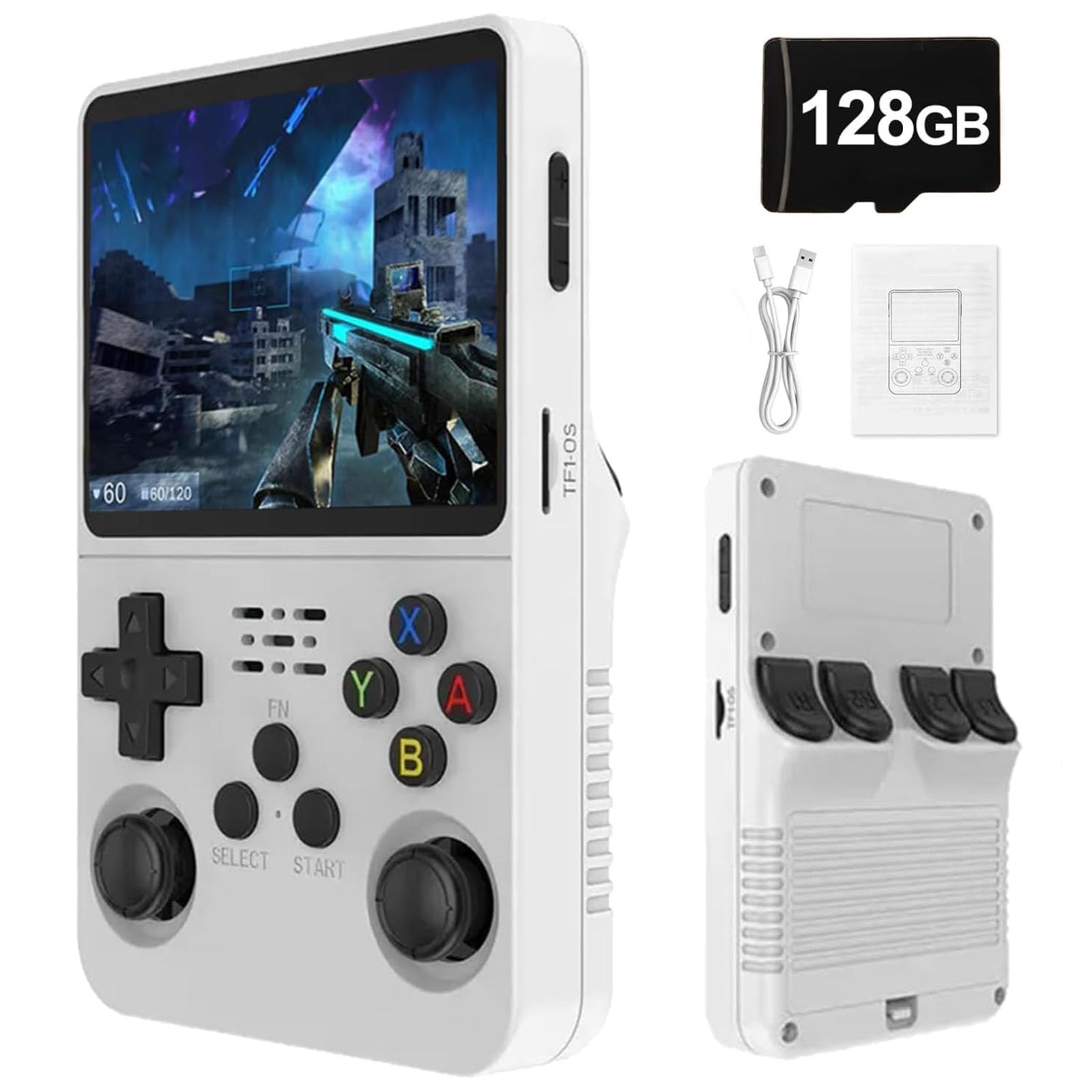 R36S Retro Portable Game Console De Jeux-3.5 "IPS Écran, 21000 Jeux Classiques 3500mAh Batterie, Système Linux Portable Mini Console De Jeu-White||128G