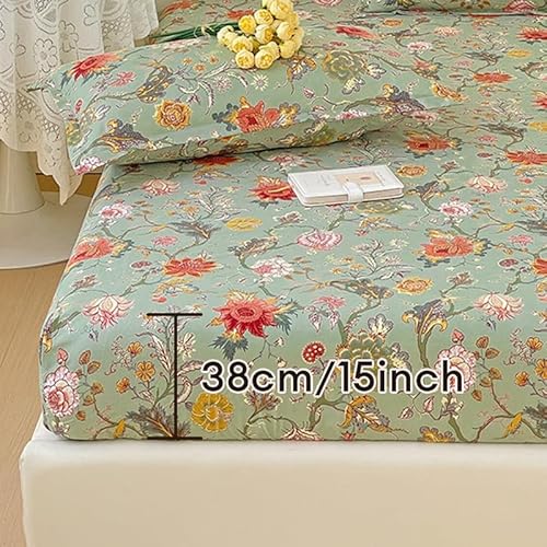 Dansunreve AG1206 Fitted Sheet With 2 Pcs Pillowcase Deep Pocket 15 Inch Green Leaves Boho Style Printed Fabric Fitted Bedsheet Set thumb #1