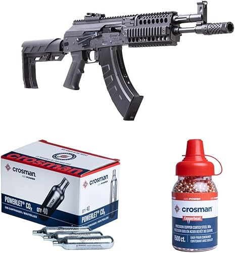Crosman CAK1 - Rifle de aire BB de 0.177in con CO2 completo o semiautomático, negro + cartuchos Powerlet de CO2 de 0.42oz + Crosman Copperhead de