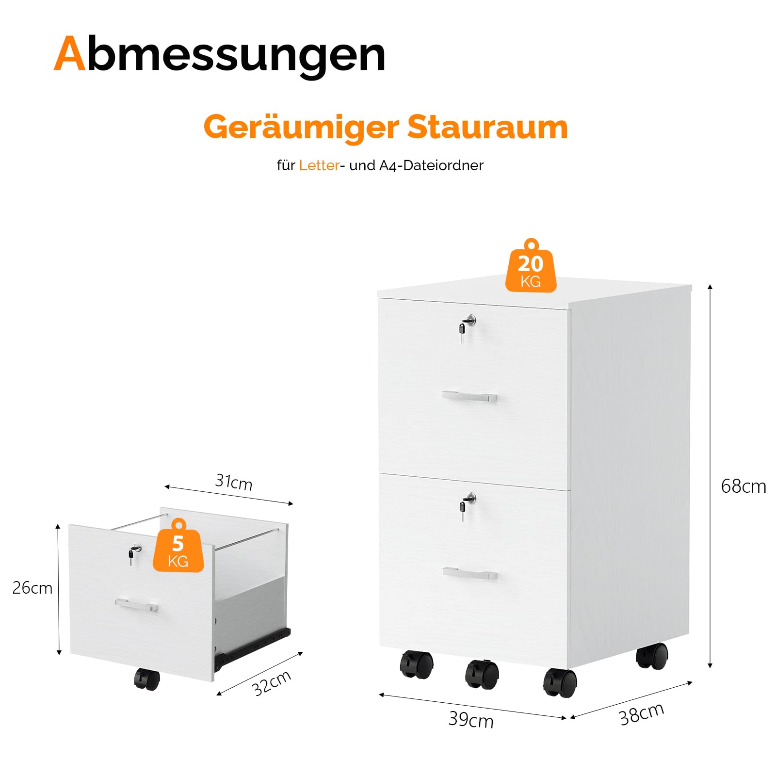 Bonnlo mobiler Aktenschrank 2 Schubladen für Büro, Homeoffice, weiß, Holz