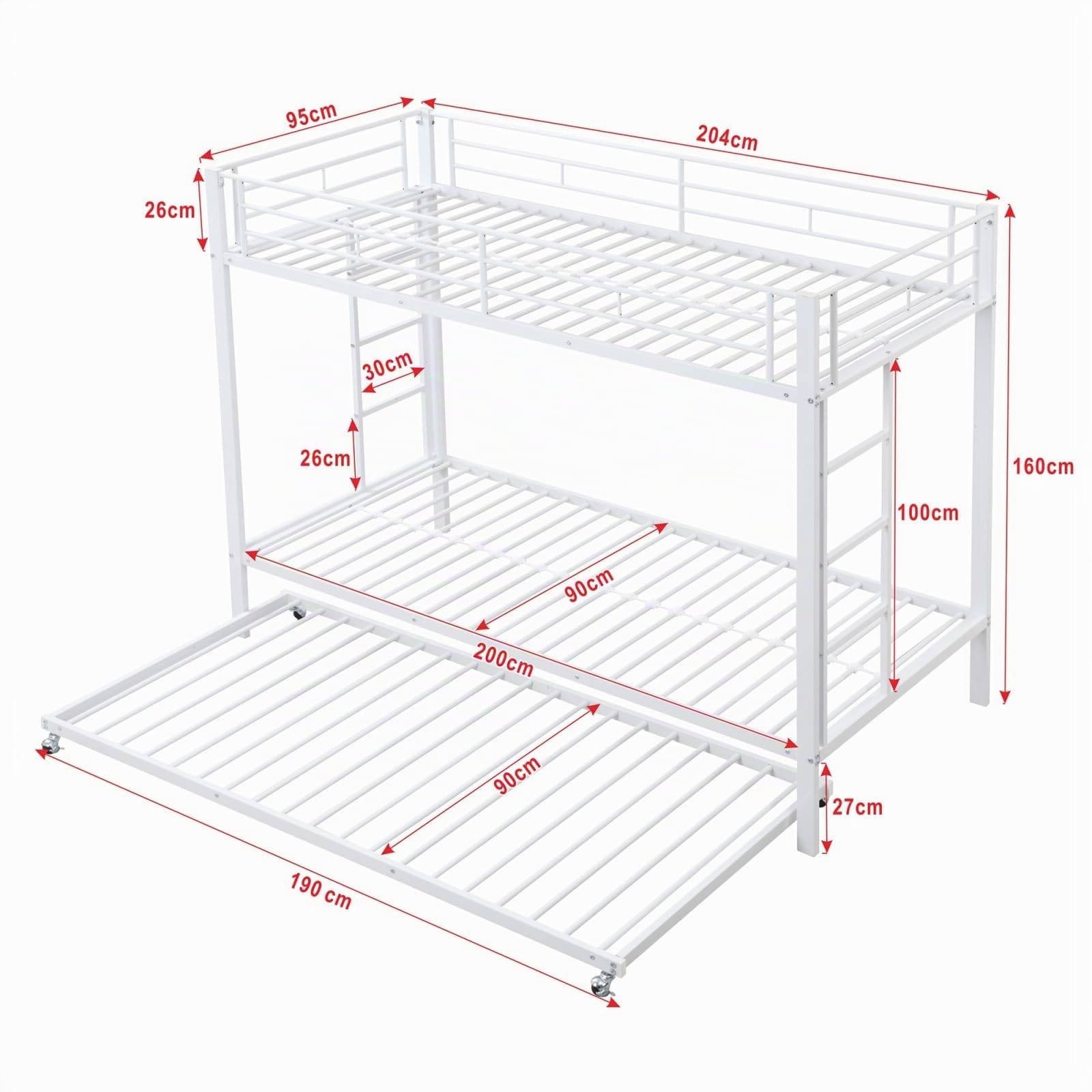 YEHTOKHOME Litera de 3 plazas 90 x 190 de metal con cama Gigogne, Convertible en 3 camas individuales, escalera antideslizante, barreras de seguridad, para adolescentes (sin colchón)(blanco, C)