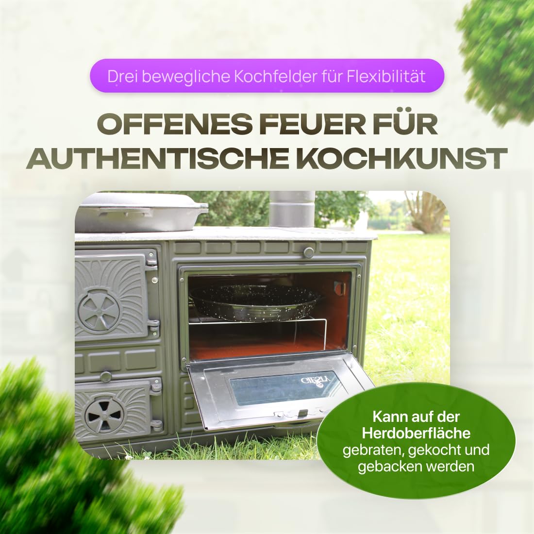 Cuisinière d'extérieur avec plaque en fonte – four de terrasse, cheminée de jardin, four à pizza et poêle à bois pour l’extérieur (Porte en fonte + 2 Tuyaux)