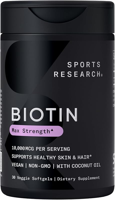 Sports Research® Biotin 10,000mcg w/Coconut Oil, 30 Count Plantgels™ | Max Strength Vegan Biotin (Vitamin B7) for Healthy Skin and Hair Support | Non-GMO, Gluten & Soy-Free, 30 Servings
