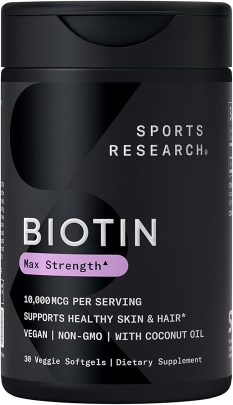 Sports Research® Biotin 10, 000mcg with Organic Coconut Oil - Biotin (Vitamin B7) for Healthy Skin and Hair Support* - for Women and Men - Vegan, Non-GMO, Gluten & Soy-Free - 30 Veggie Softgels
