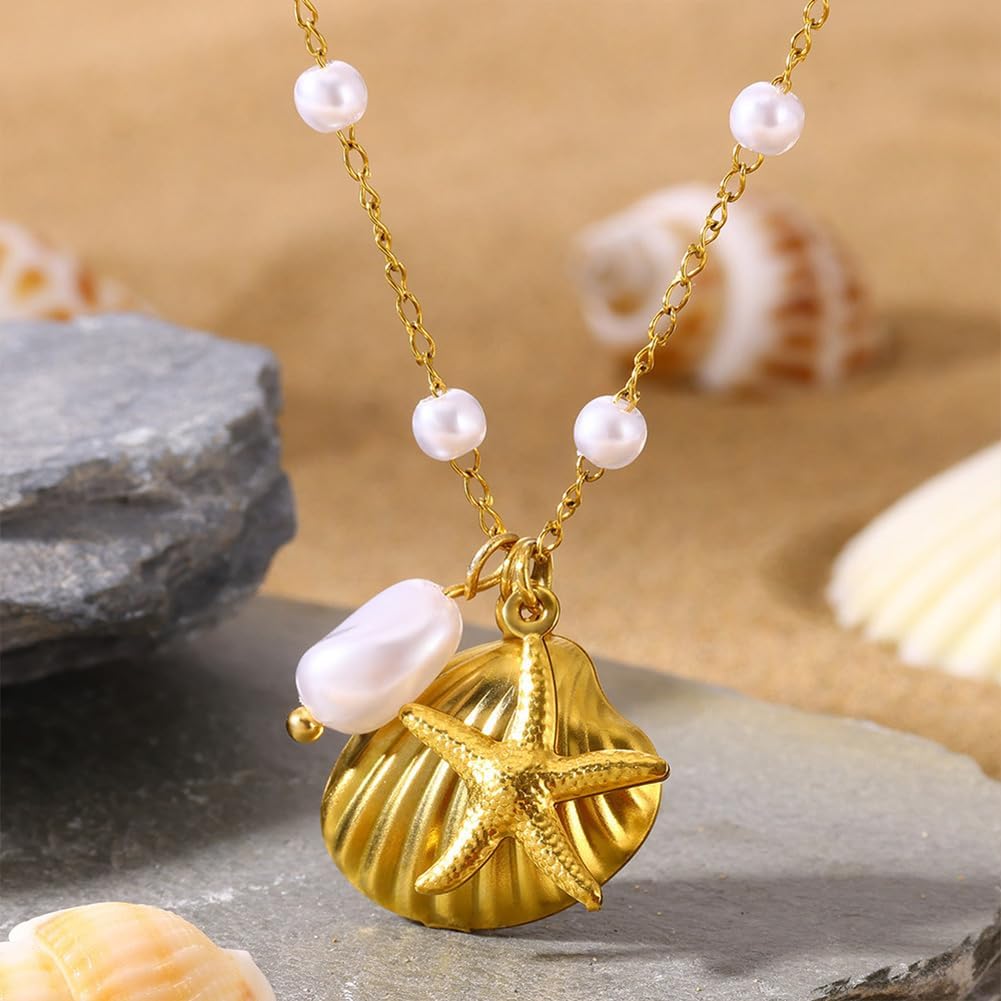 Shell Starfish Pearl Necklace Imitation Pearl Chain Necklace Gold Sea Shell Star Necklace Pendant for Women Dainty Summer Holiday Beach Surfer Jewelry Gift - Image 4