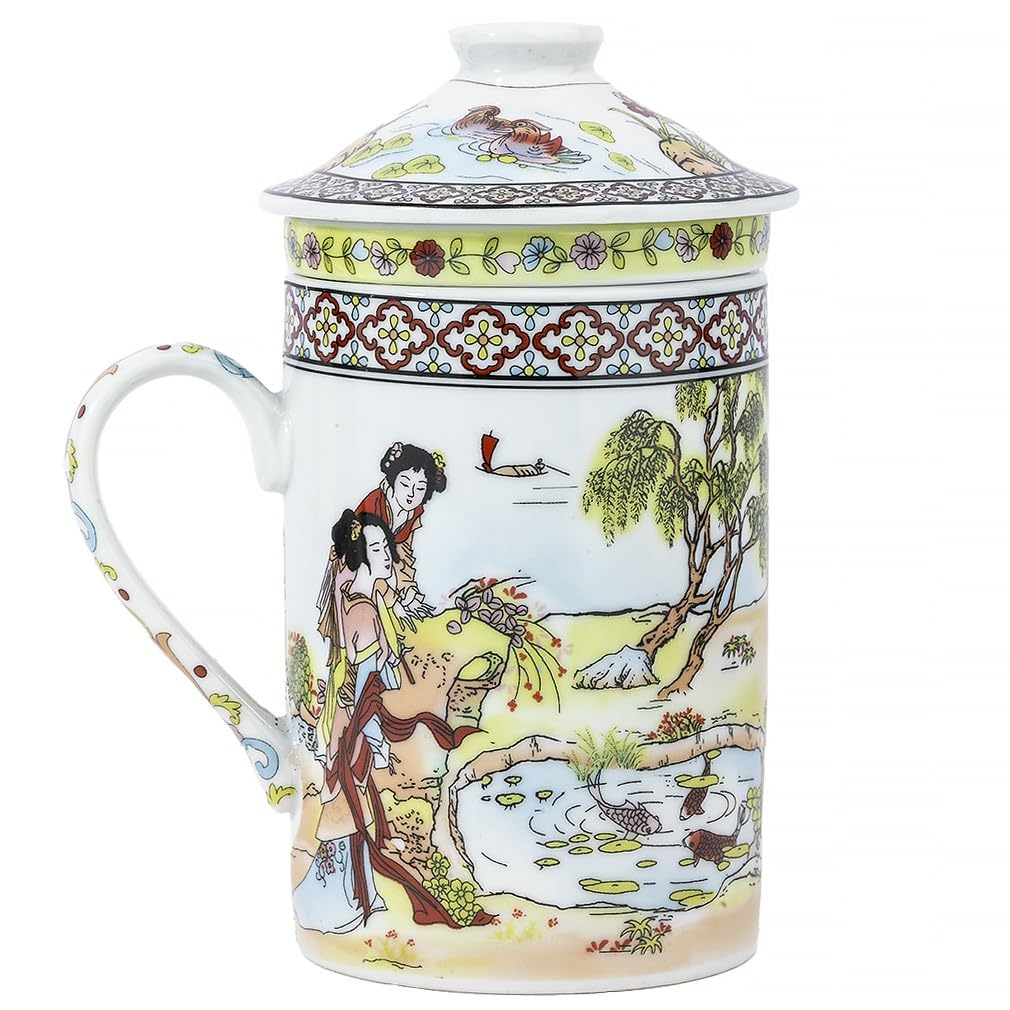 lachineuse - Tea Cup Infusion - Traditional Carp Designs - Wishes of Fortune - Porcelain - Multi-Coloured - Height 14.5 cm - Asian Decoration Gift Idea