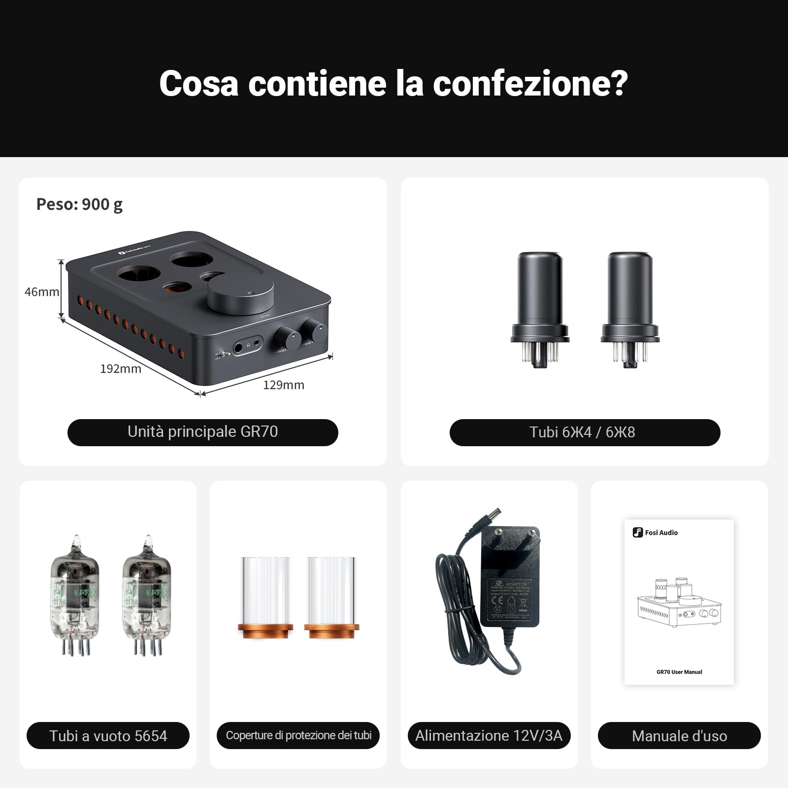 Fosi Audio GR70 Preamplificatore Cuffie a Valvole, Autentica Amplificazione a Valvole con Vuoto, Mini Preamplificatore HiFi per l'audio Domestico, Jack 3,5/6,35 mm, Supporto di 16-300 ohm di Impedenza