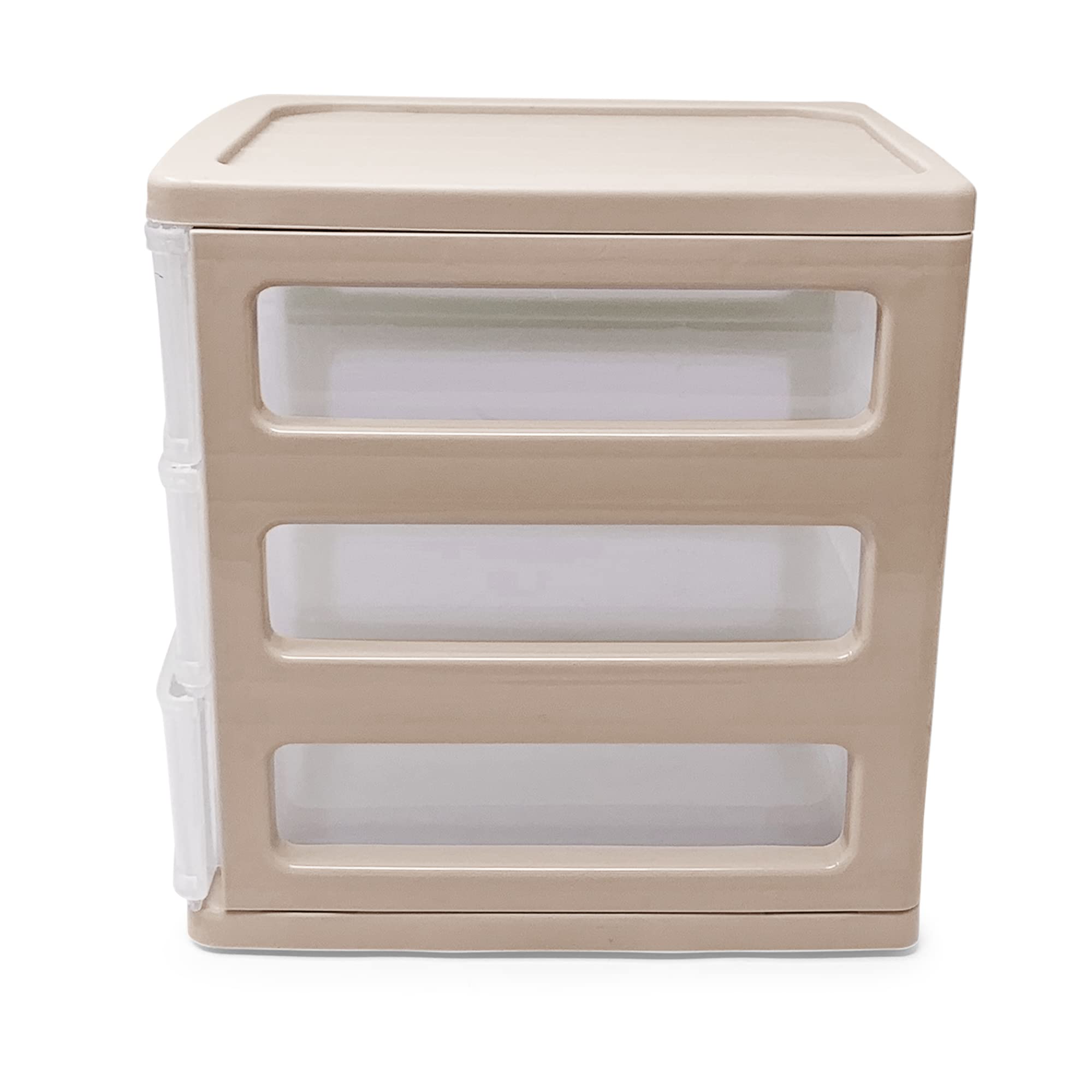 Plastic Desktop Storage Unit with Drawers, Stationary Arts Drawer Desktop Tabletop Organiser Storage Tower Unit for Office Bedroom Garage ((17 x 13.5 x 17cm, Taupe with 3 Clear Drawers)) — view 7