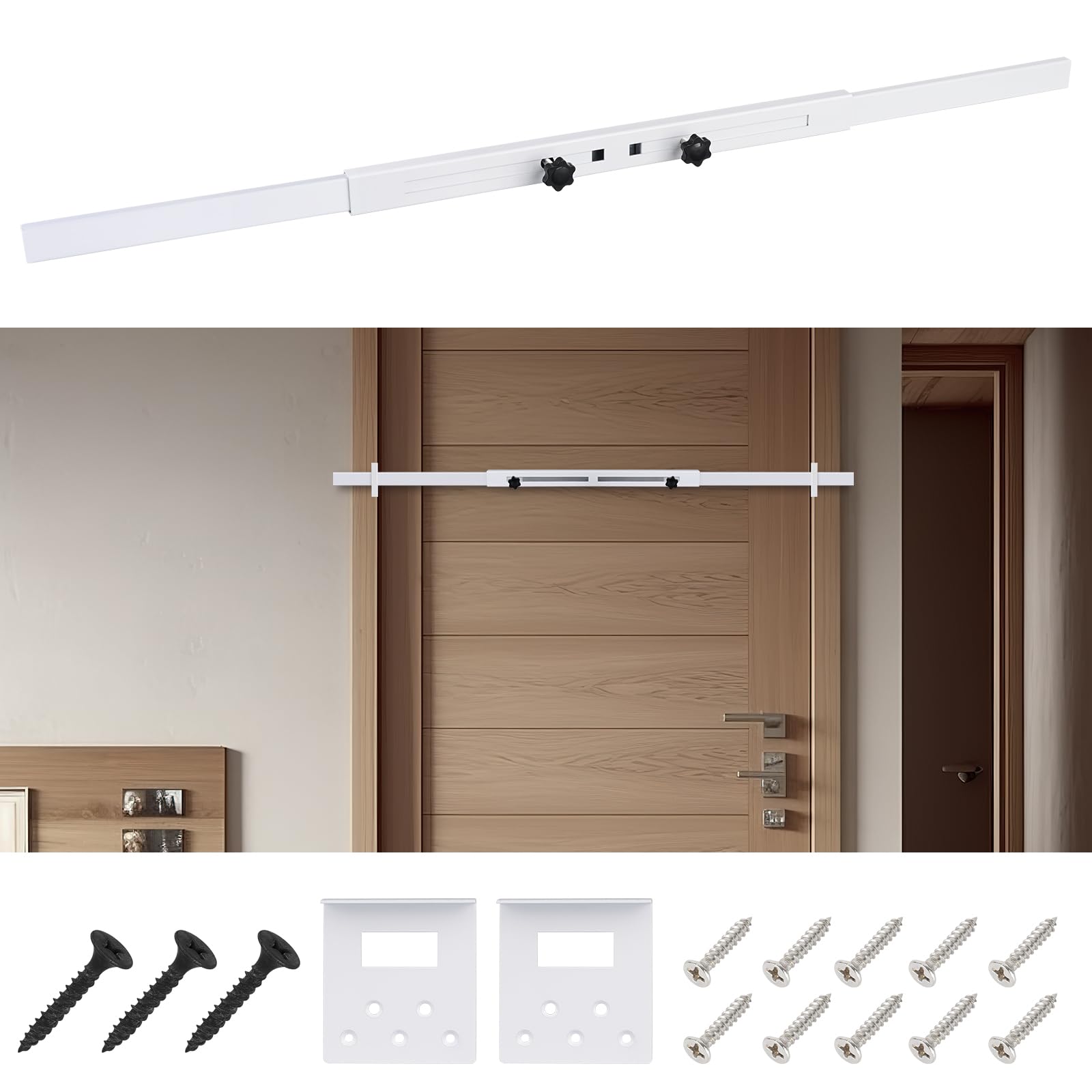 Barra de seguridad para puerta (blanco, resistente), uso como barra de seguridad para puerta, cerradura de refuerzo de puerta, protege la seguridad de toda la puerta. Se adapta a puertas de 76-99 cm