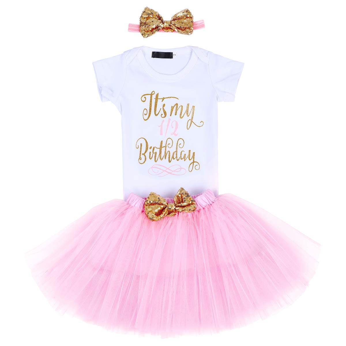 OBEEII It's my 1/2 Birthday Outit for Baby Girl Princess Cake Smash Photography Shoot 3PCS Set Romper Tulle Skirt Hairband Pink 1/2 Birthday