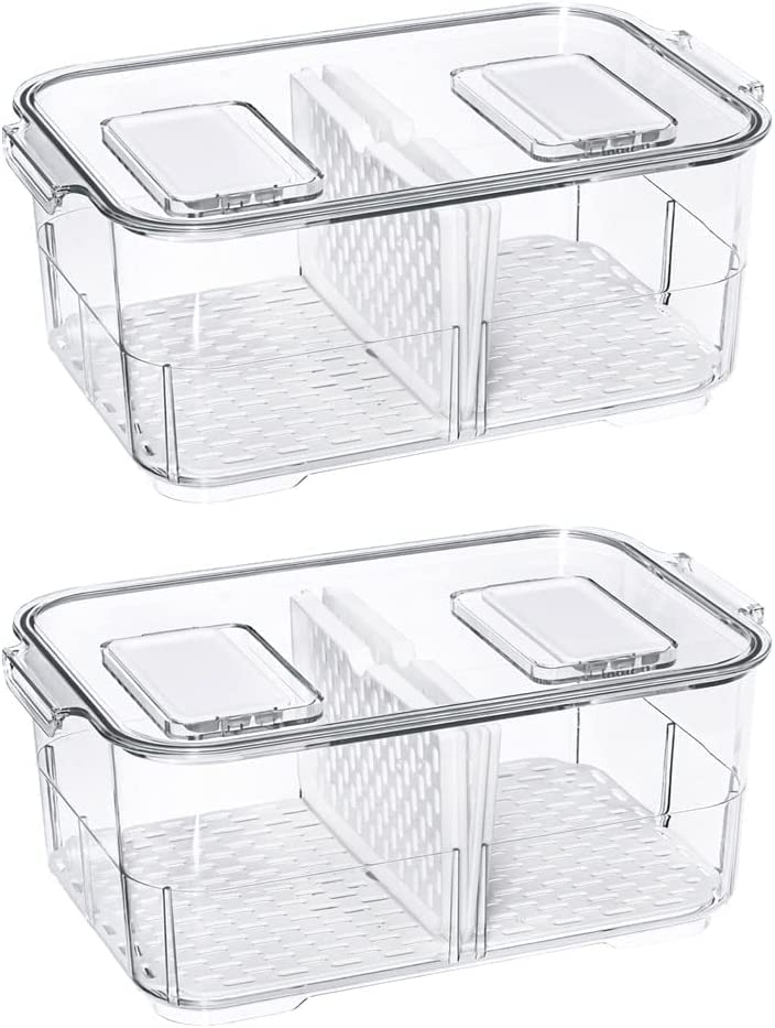 blitzlabsProduce Saver Lettuce Container, Refrigerator Organizer Bins Fridge Food Storage Containers with Lids and Removable Drain Tray for Freezer Cabinet Kitchen Organization 2800ML -2 Pack