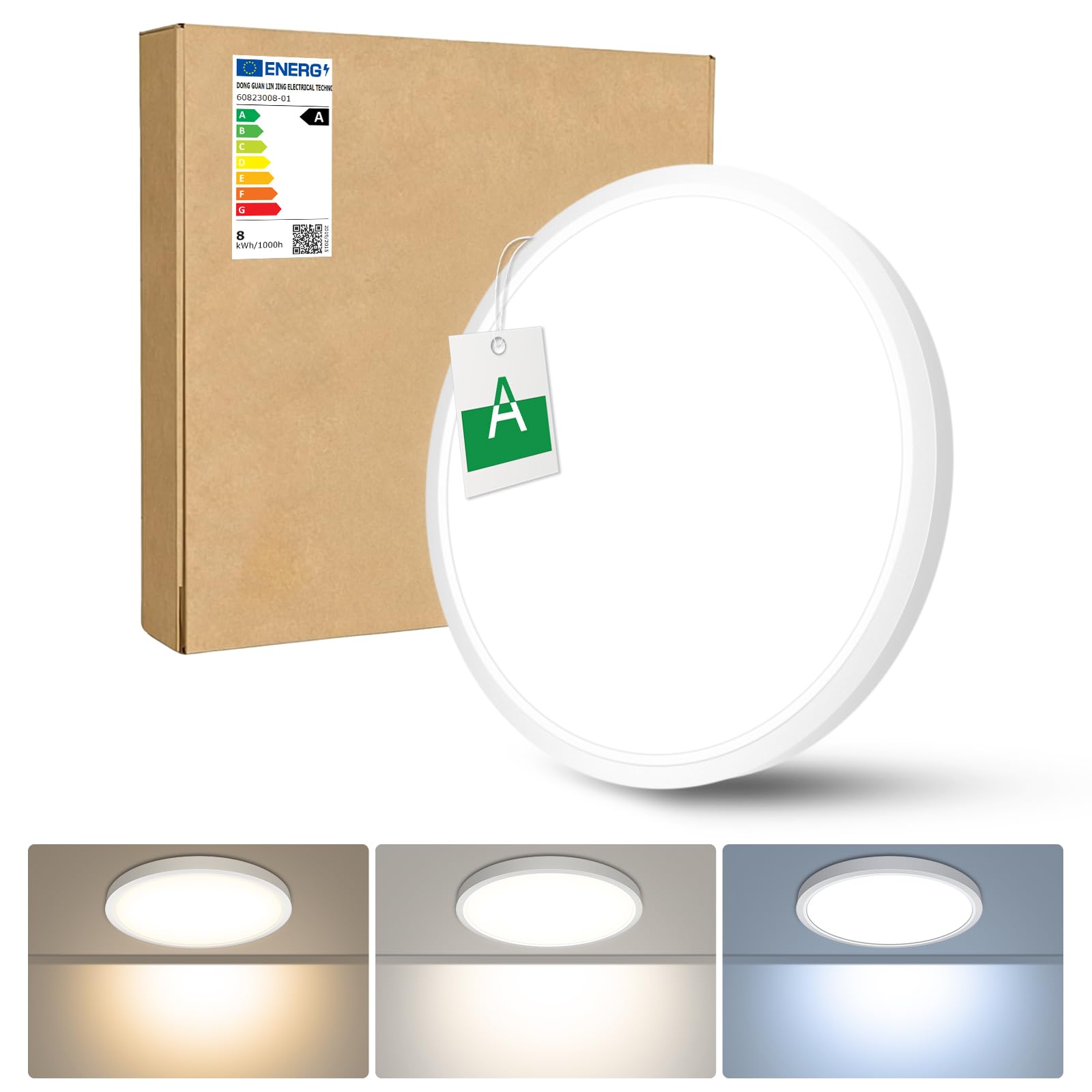 Bzavor LED Deckenleuchte Flach Effizienzklasse A 7W 1700LM,3Farben-3000K/4000K/6500K,Ø23CM led deckenlampe IP54 Wasserfest Ultra Dünn Lampe Panel für Wohnzimmer bad flur schlafzimmer Wohnzimmer Büro