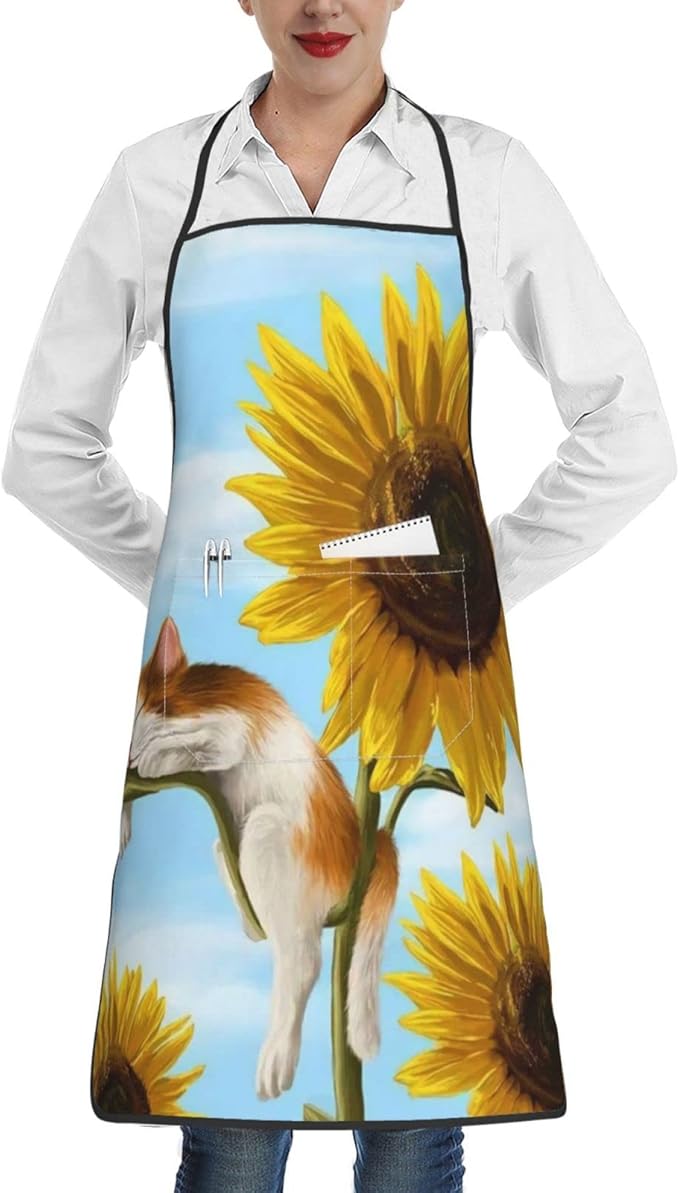 Amazon Co Jp エプロン レデイース ひまわりで眠っている猫 かわいい カフェエプロン H型 首掛け おしゃれ 大容量ポケット 撥水加工で長持ち 汚れにくい シワ防止 髪崩れ無し 透けない 動きやすい 薄手 軽量 脫着簡単 Diy 飲食店用エプロン 保育士 メンズ 男女兼用