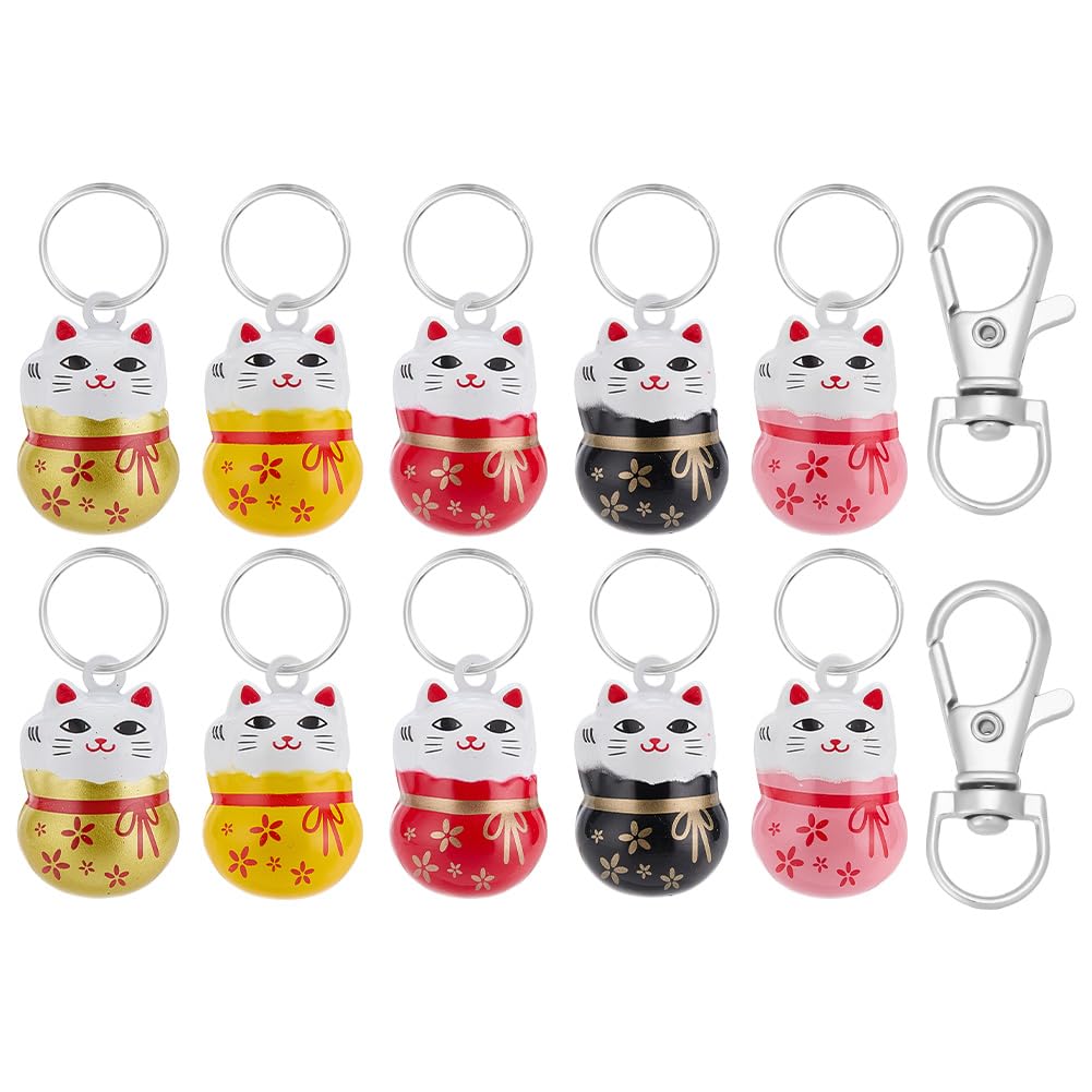 WEBEEDY 10 PCS Lucky Cat Collar Bells 5 Colors Pet Collars Bells Charm with Key Rings Brass Fortune Cat Collar Charms Loud Crisp Sound Small Animal Pendant for DIY Bag Keychain Home Decoration