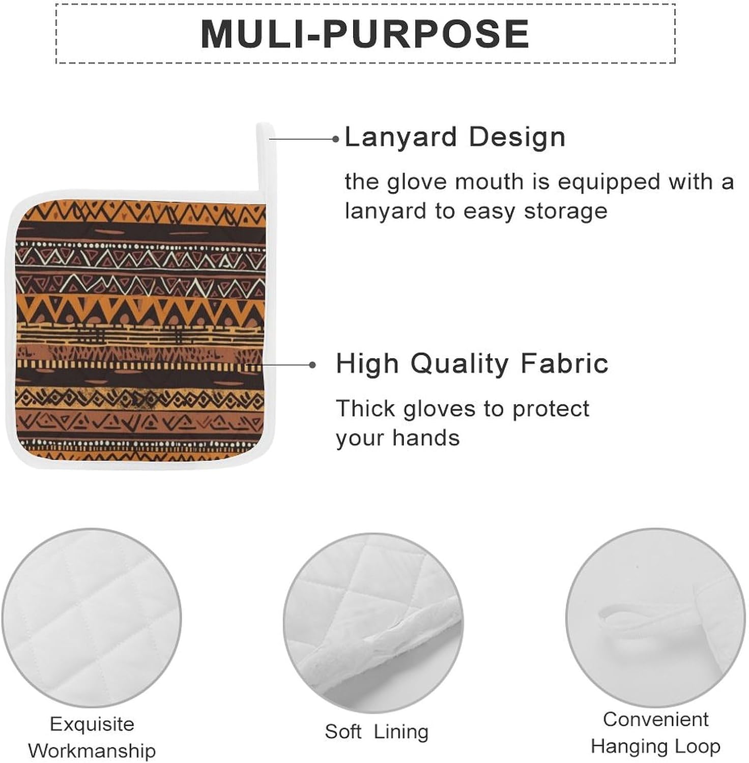 Pot Holder Set of 2 African Mud Cloth Tribal Printed Potholders for Kitchens Heat Resistant & Non Slip Potholders for Kitchen Cooking Baking BBQ