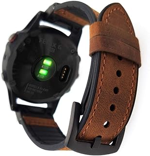 YOOSIDE for Fenix 5/Fenix 6 Watch Band, 22mm QuickFit Genuine Leather Silicone Hybrid Wristband Strap for Garmin Fenix 5/5 Plus,Approach S62/S60,Forerunner 935/945,Fit Wrist 6.69"-8.66" (Brown)